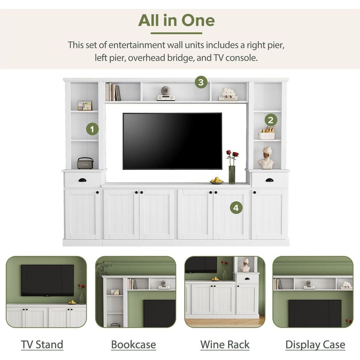 Minimalist Entertainment Wall Unit Set with Bridge for TVs Up to 75", Ample Storage Space TV Stand with Adjustable Shelves, Modernist Large Media Console for Living Room, White