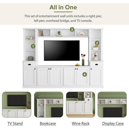 Minimalist Entertainment Wall Unit Set with Bridge for TVs Up to 75", Ample Storage Space TV Stand with Adjustable Shelves, Modernist Large Media Console for Living Room, White