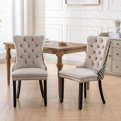 Classic Velvet Dining Chairs, High-end Tufted Solid Wood Contemporary Velvet Upholstered Dining Chair with Wood Legs Nailhead, SET OF 2,Beige and Patterned