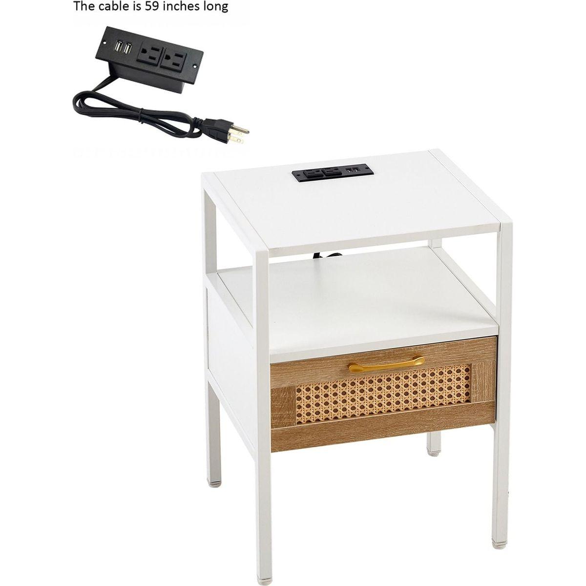 Set of 2, 15.75" Rattan End table with Power Outlet & USB Ports, Modern nightstand with drawer and metal legs, side table for living room, bedroom,white