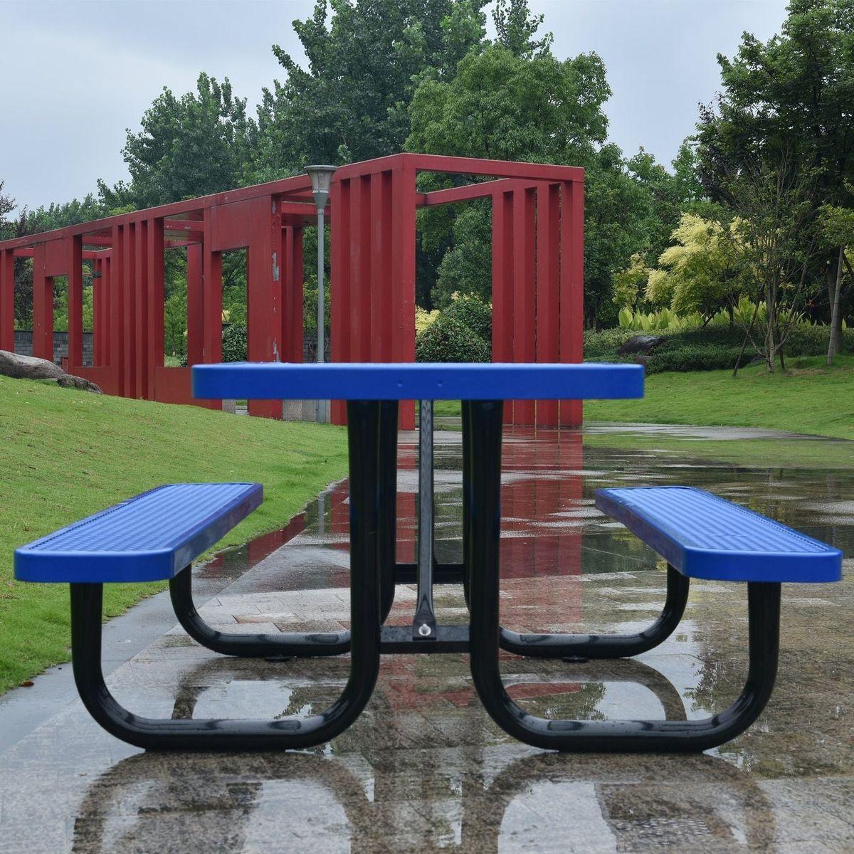 Square Outdoor Steel Picnic Table 46" blue, with umbrella pole