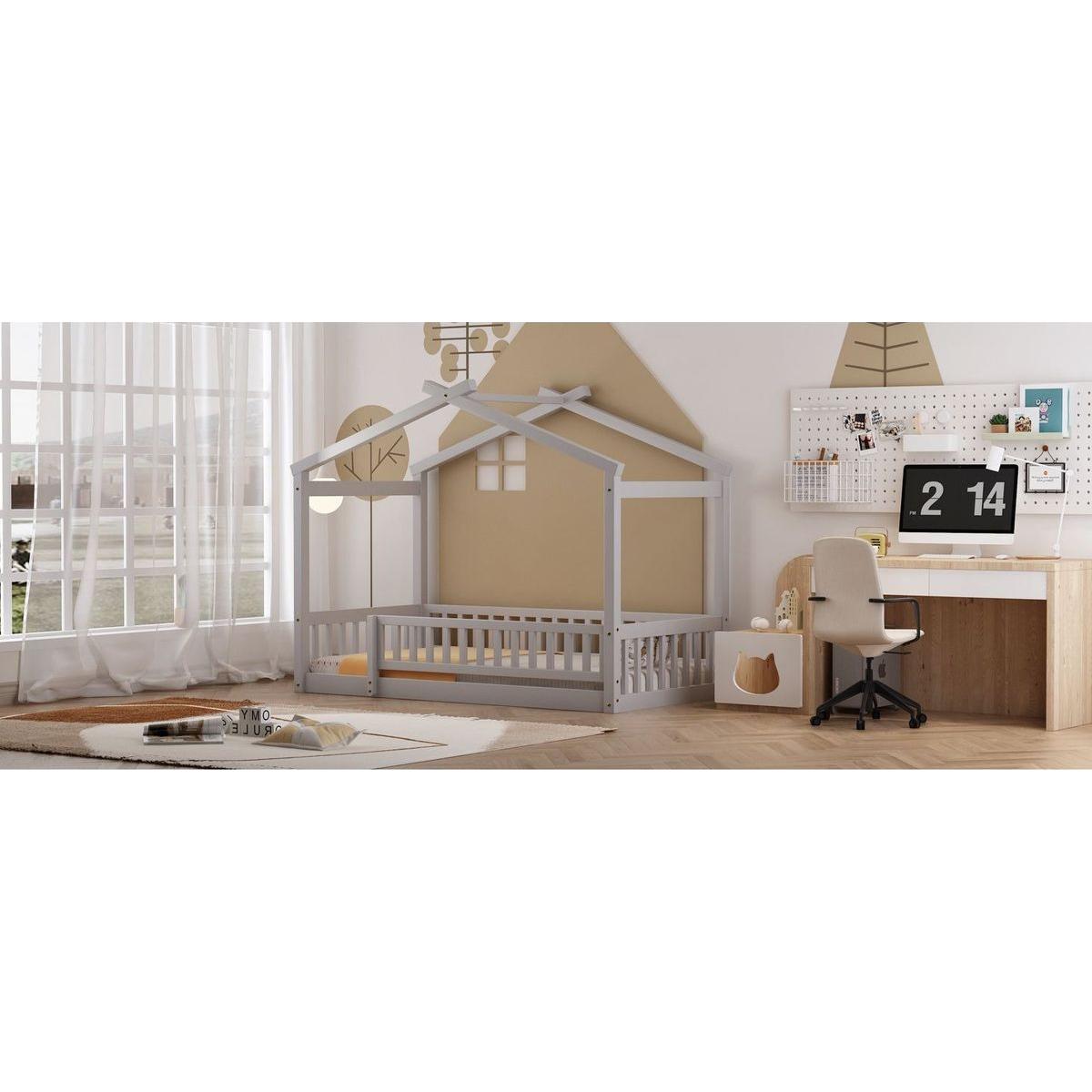 Twin Size Wood Bed House Bed Frame with Fence, for Kids, Teens, Girls, Boys, Gray