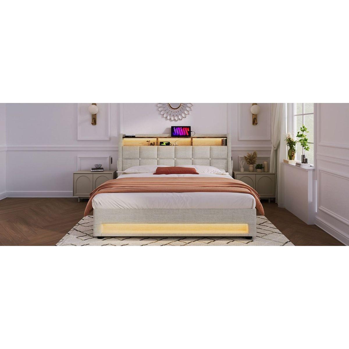 Queen size Upholstered Platform bed with a Hydraulic Storage System, LED and USB Charging, Natural (without mattress)