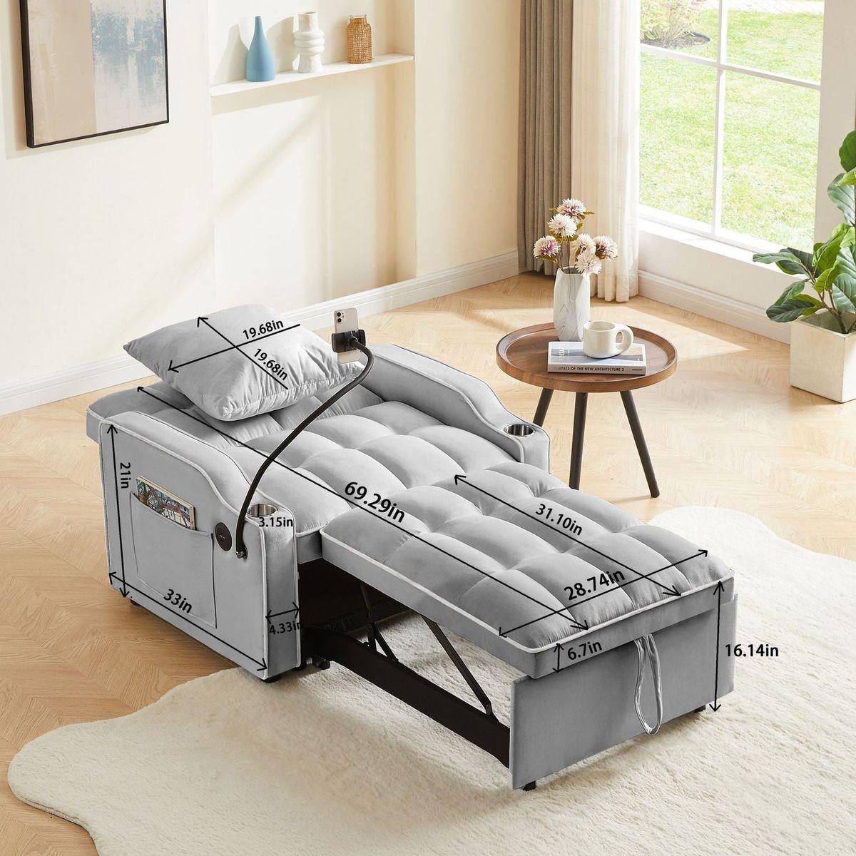 Convertible Sleeper Chair Sofa Bed Adjustable Pull Out Sleeper Chair Bed Multi-Pockets Folding Sofa Bed for Living Room Bedroom Small Space,3-in-1 Sofa Bed