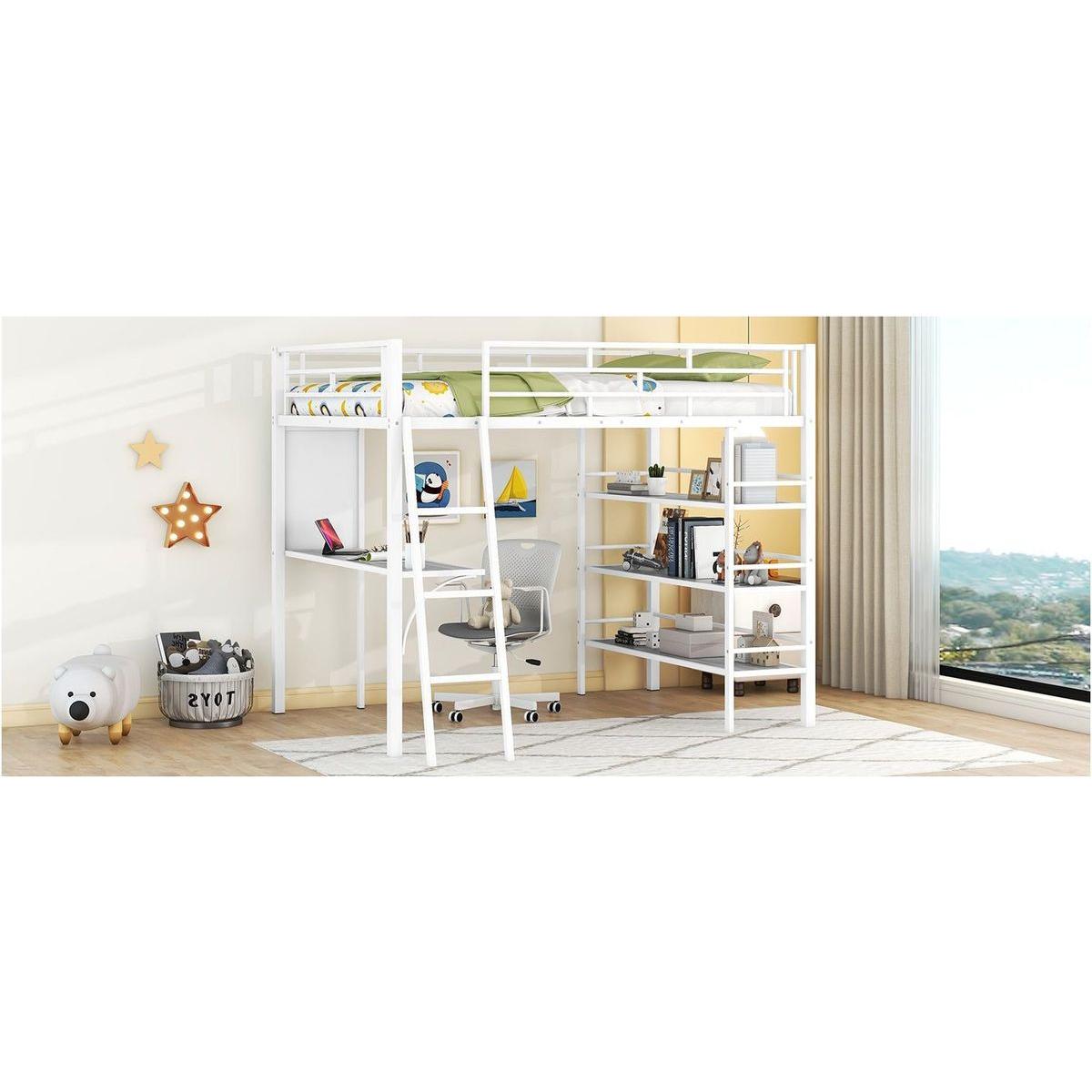 Full Size Loft Metal Bed with 3 Layers of Shelves and Desk, Stylish Metal Frame Bed with Whiteboard, White