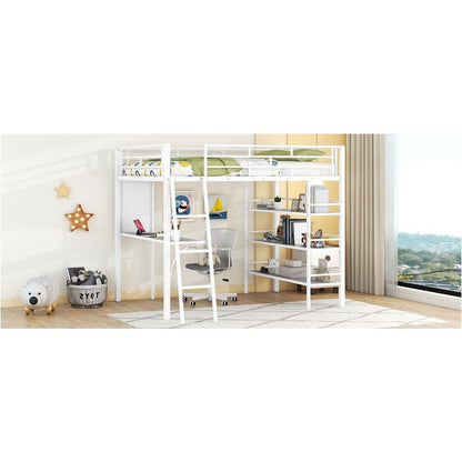 Full Size Loft Metal Bed with 3 Layers of Shelves and Desk, Stylish Metal Frame Bed with Whiteboard, White