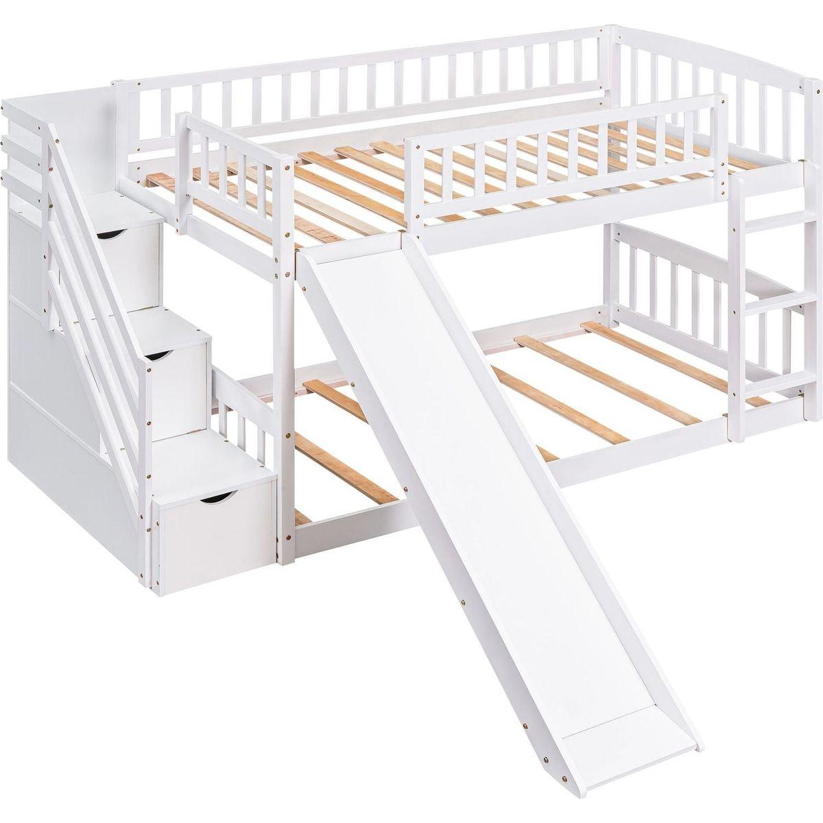 Stairway Twin over Twin Bunk Bed with Two Drawers and Slide, White