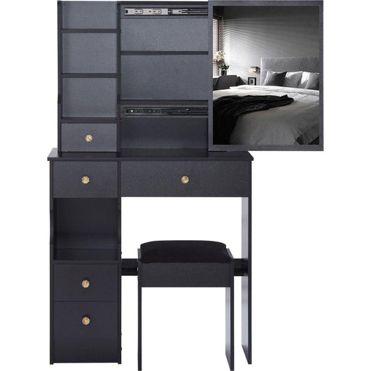 Small Size Left Drawer Desktop Vanity Table + Cushioned Stool, Extra Large Sliding Mirror, Multi Layer, High Capacity Storage Fashionable Dresser, Suitable for Small Space, EPA,GCC,UL Certificate