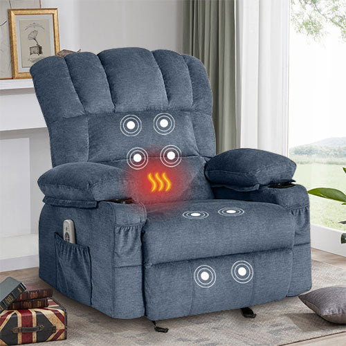 Recliner Chair Massage Heating sofa with USB and side pocket 2 Cup Holders (Blue)