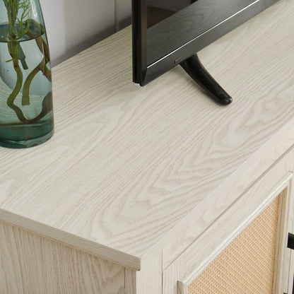 Farmhouse Rattan TV Stand Console Table for TVs up to 70 Inches, TV Console Table with 2 Storage Shelves, 2 Natural Rattan Door Cabinets,65"Wx15.55"Dx23.86"H, White