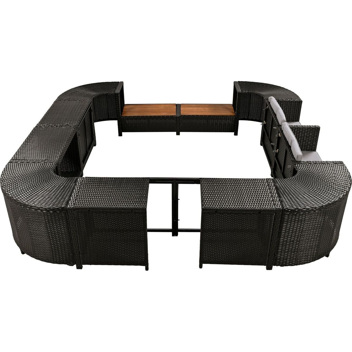 Spa Surround Spa Frame Quadrilateral Outdoor Rattan Sectional Sofa Set with Mini Sofa, Wooden Seats and Storage Spaces, Grey