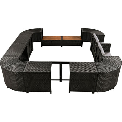 Spa Surround Spa Frame Quadrilateral Outdoor Rattan Sectional Sofa Set with Mini Sofa, Wooden Seats and Storage Spaces, Grey