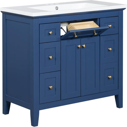 36" Bathroon Vanity with Resin Sink Combo Set, Modern Freestanding Single Bathroom Cabinet with 6 Drawers & 2 Cabinets, Storage Cabinet for Bathroom, Solid Wood Frame Vanity Set, Blue