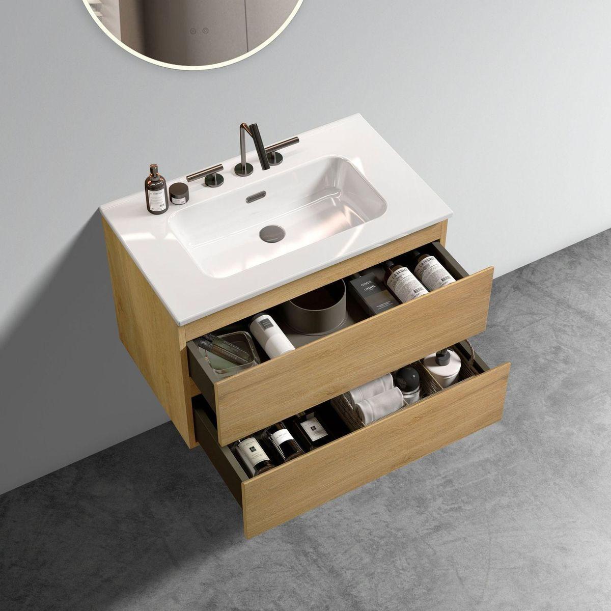 Wall Mount 30" Natural Oak Bathroom Vanity with Ceramic Sink with three faucet holes, Large Storage Floating Bathroom Vanity for Modern Bathroom, Pre-assembled