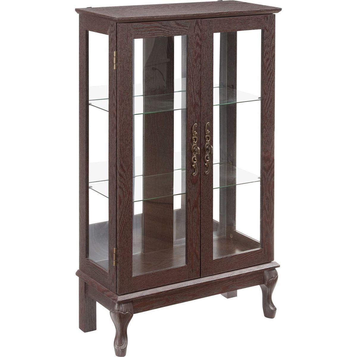 2 Doors Curio Cabinet with Tempered Glass Doors, Curio Cabinets with Mirrored Back Panel and Adjustable Shelves, Lighted Display Cabinet for Home, Office Light Bulb Included Cherry