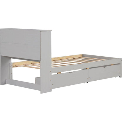 Modern Twin Size Bed Frame With Built-in USB Port on Bookcase Headboard and 2 Drawers for Grey Color