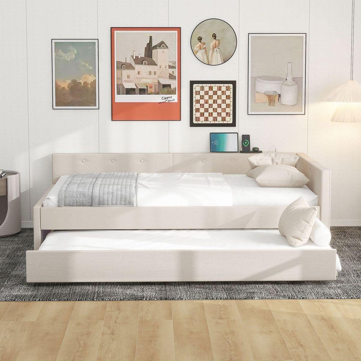 Full Size Upholstered Platform Bed with USB and Twin Size Trundle, Beige
