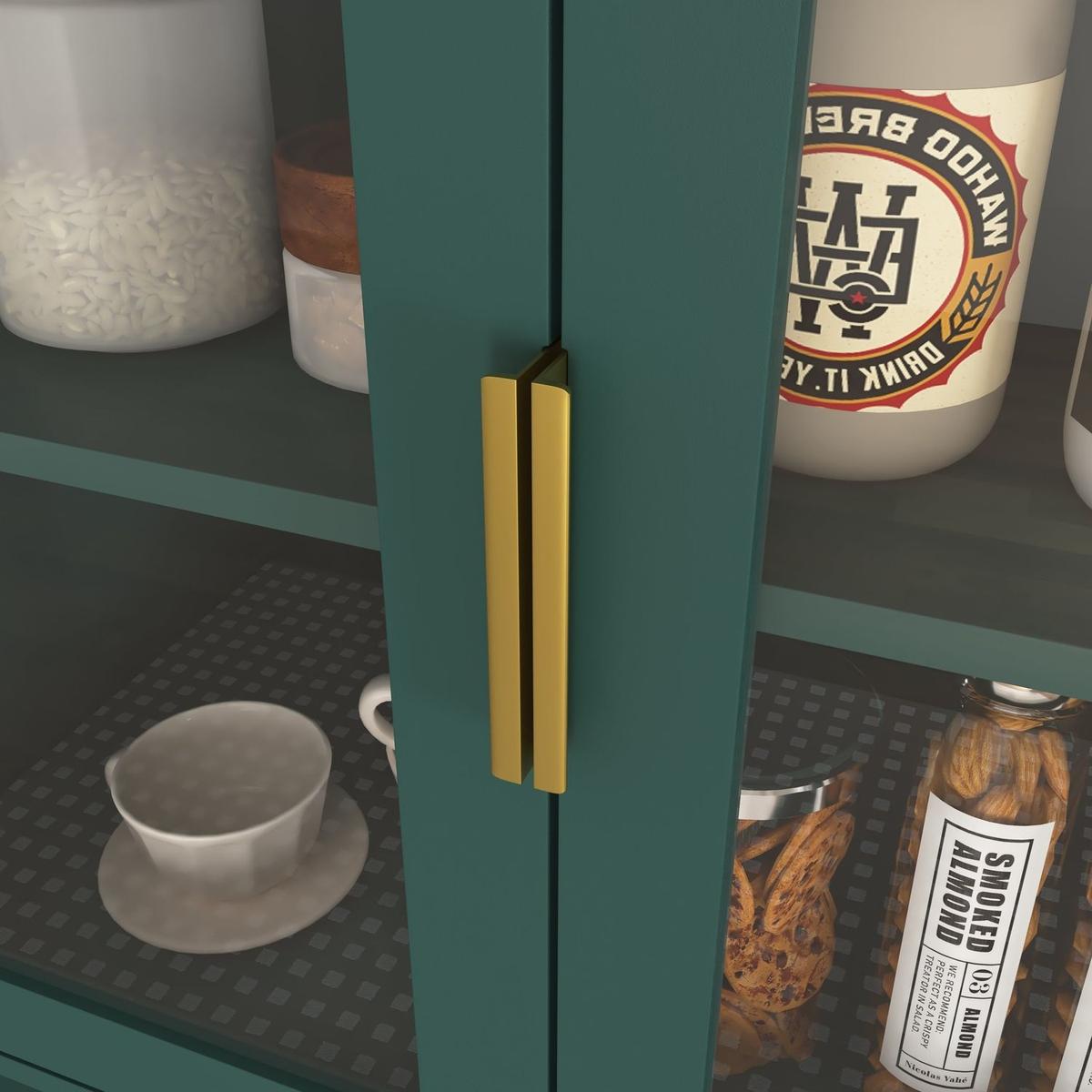 Tall Storage Show Cabinet with 2 Glass Display Door & 2 Doors, Tall Kitchen Pantry Cabinet with Gold Handles, Modern Cabinet Freestanding for Bathroom, Dining Living Room, Green