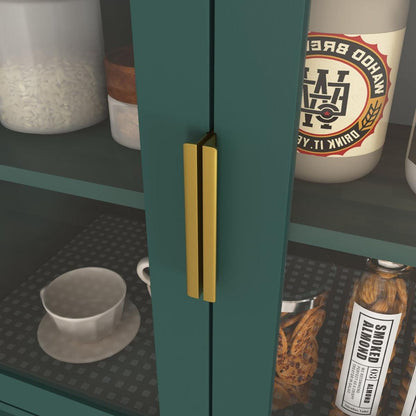 Tall Storage Show Cabinet with 2 Glass Display Door & 2 Doors, Tall Kitchen Pantry Cabinet with Gold Handles, Modern Cabinet Freestanding for Bathroom, Dining Living Room, Green