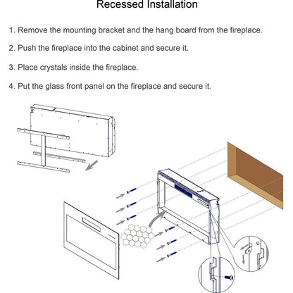 42 inch recessed ultra thin tempered glass front wall mounted electric fireplace with remote and multi color flame & emberbed, LED light heater