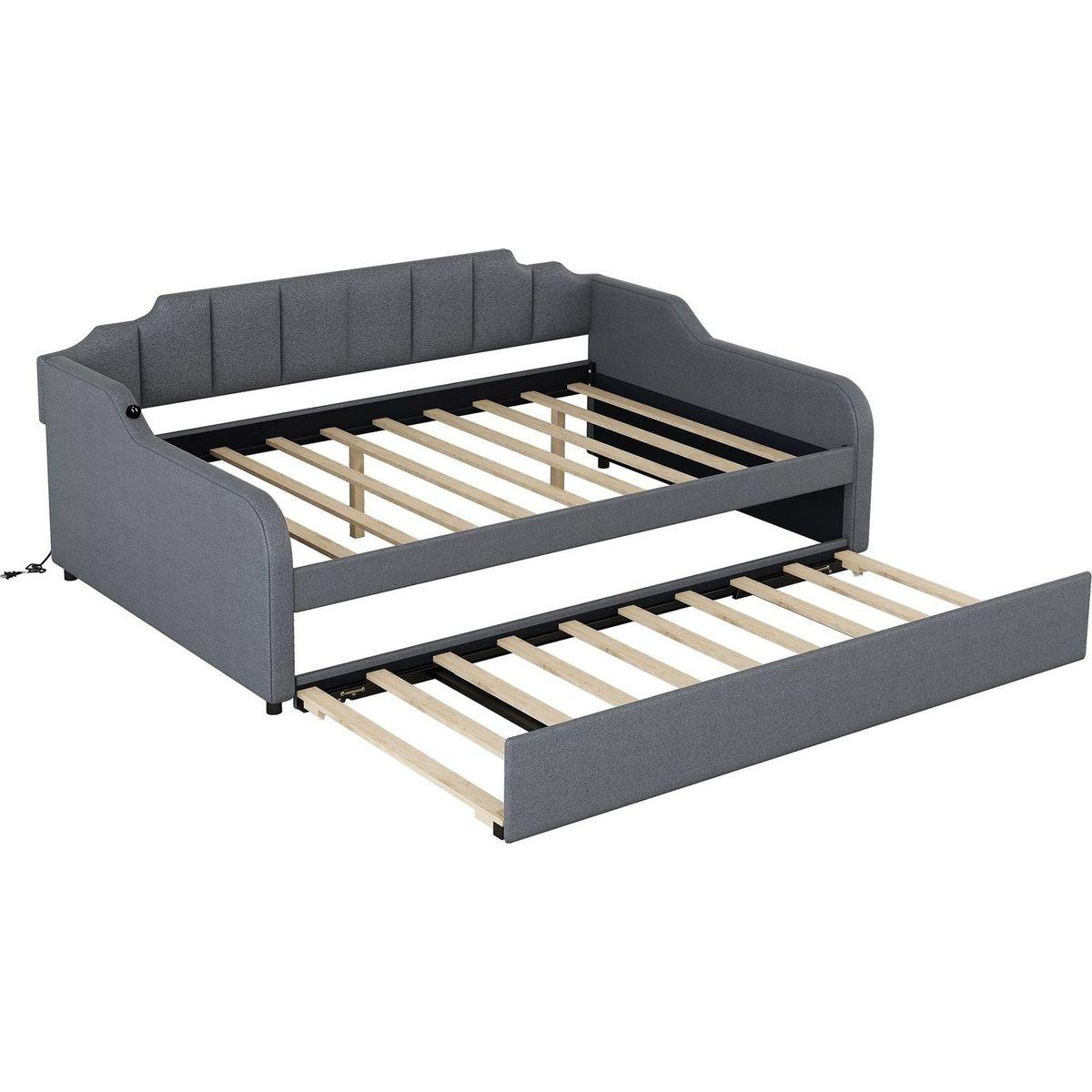 Full Size Upholstery Daybed with Trundle and USB Charging Design,Trundle can be flat or erected,Gray