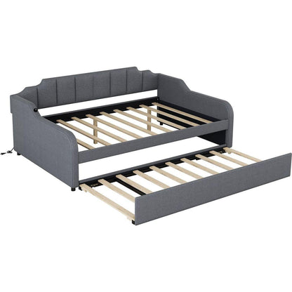 Full Size Upholstery Daybed with Trundle and USB Charging Design,Trundle can be flat or erected,Gray