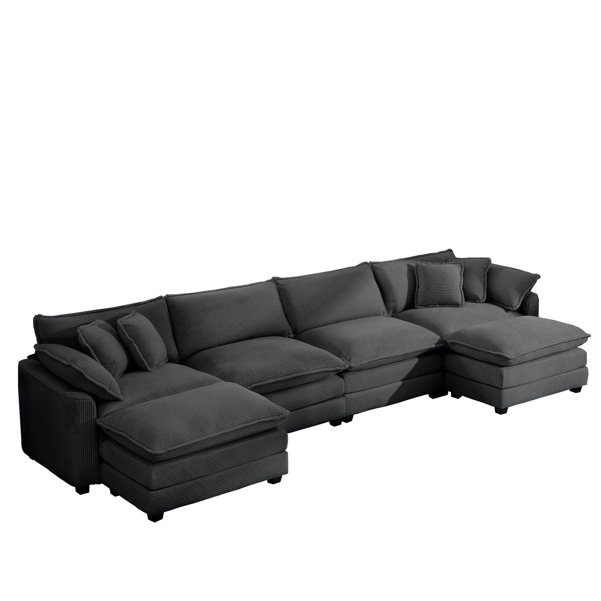 Modern Upholstered Corduroy Fabric Sofa with 3 Footstools and Pillows, 4 Seater, Grey