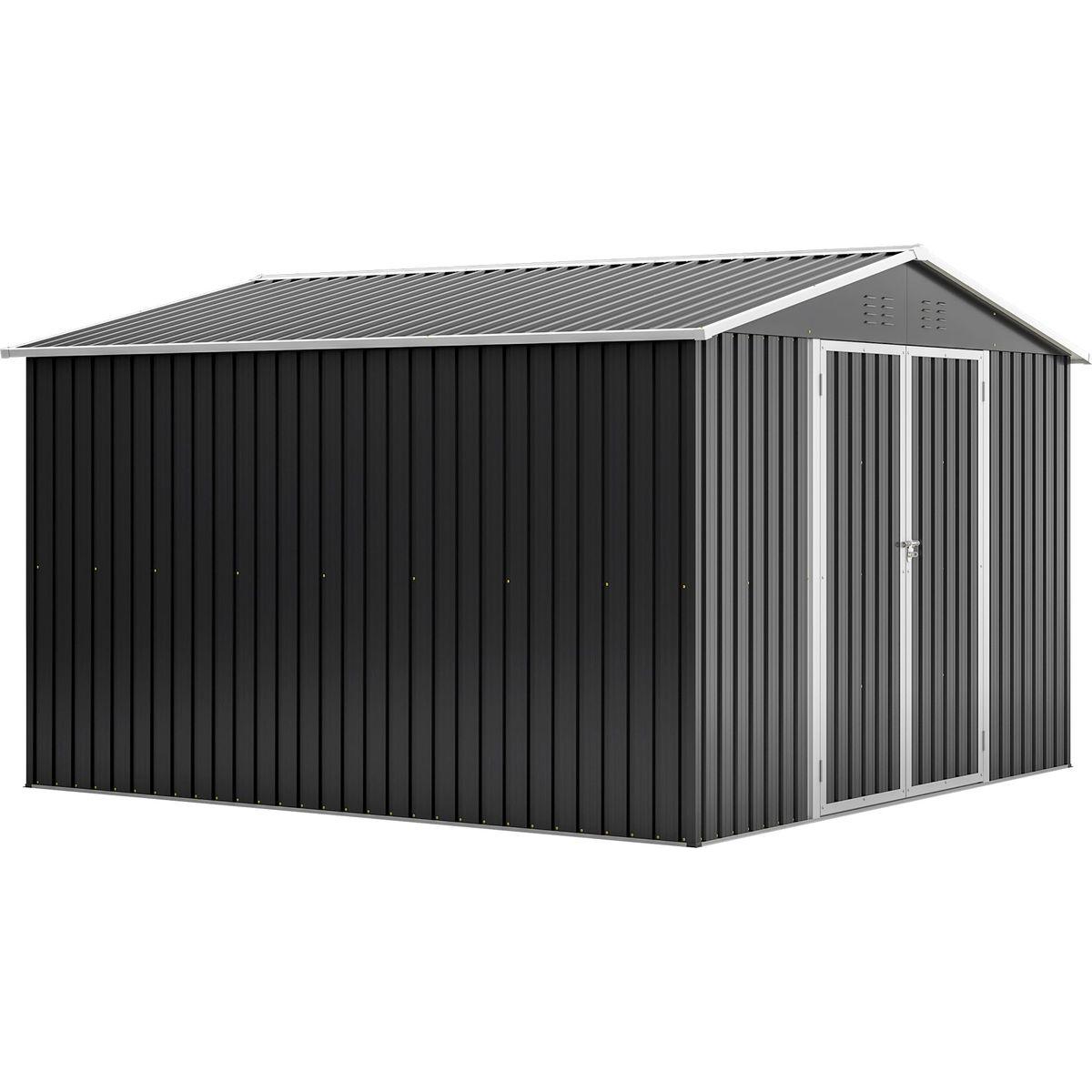 Outdoor Storage Shed 10x10 FT, Utility Metal Tool Storage with Lockable Doors and Updated Frame Structure, Large Metal Garden Shed for Backyard, Patio Lawn, Black