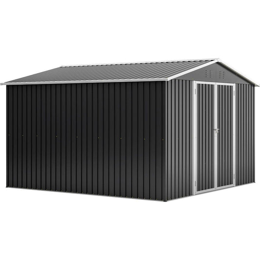 Outdoor Storage Shed 10x10 FT, Utility Metal Tool Storage with Lockable Doors and Updated Frame Structure, Large Metal Garden Shed for Backyard, Patio Lawn, Black
