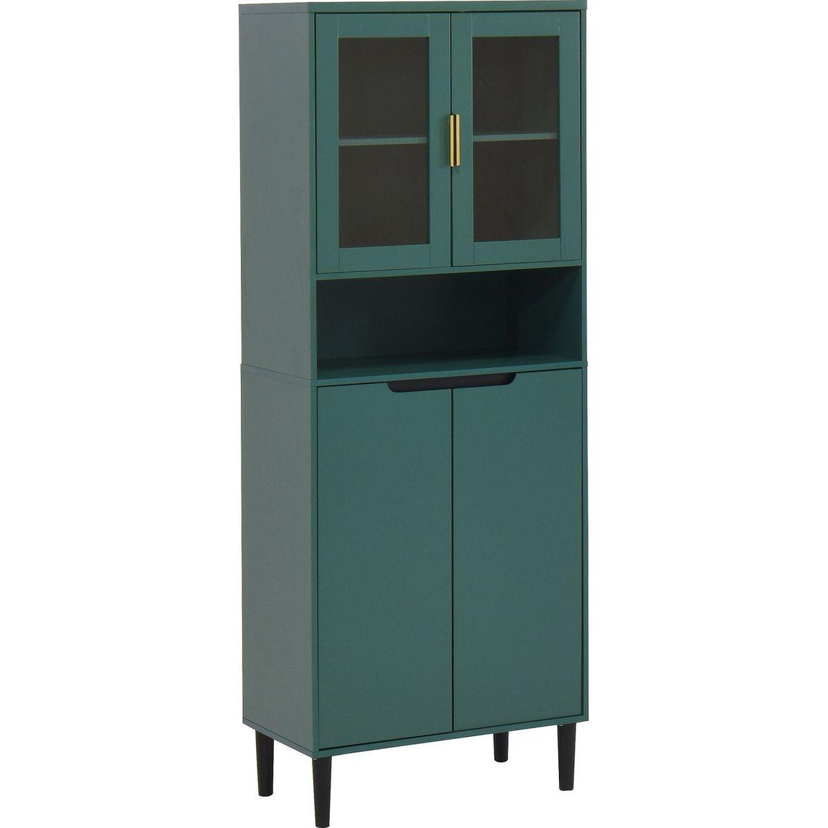 Tall Storage Show Cabinet with 2 Glass Display Door & 2 Doors, Tall Kitchen Pantry Cabinet with Gold Handles, Modern Cabinet Freestanding for Bathroom, Dining Living Room, Green