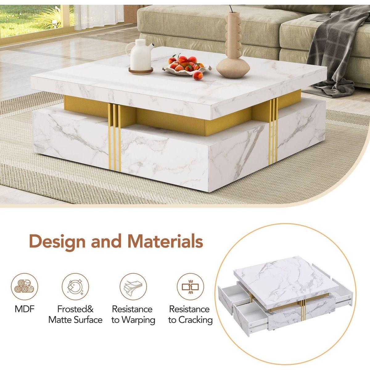 Modern White Square Storage Coffee Table with 4 Drawers