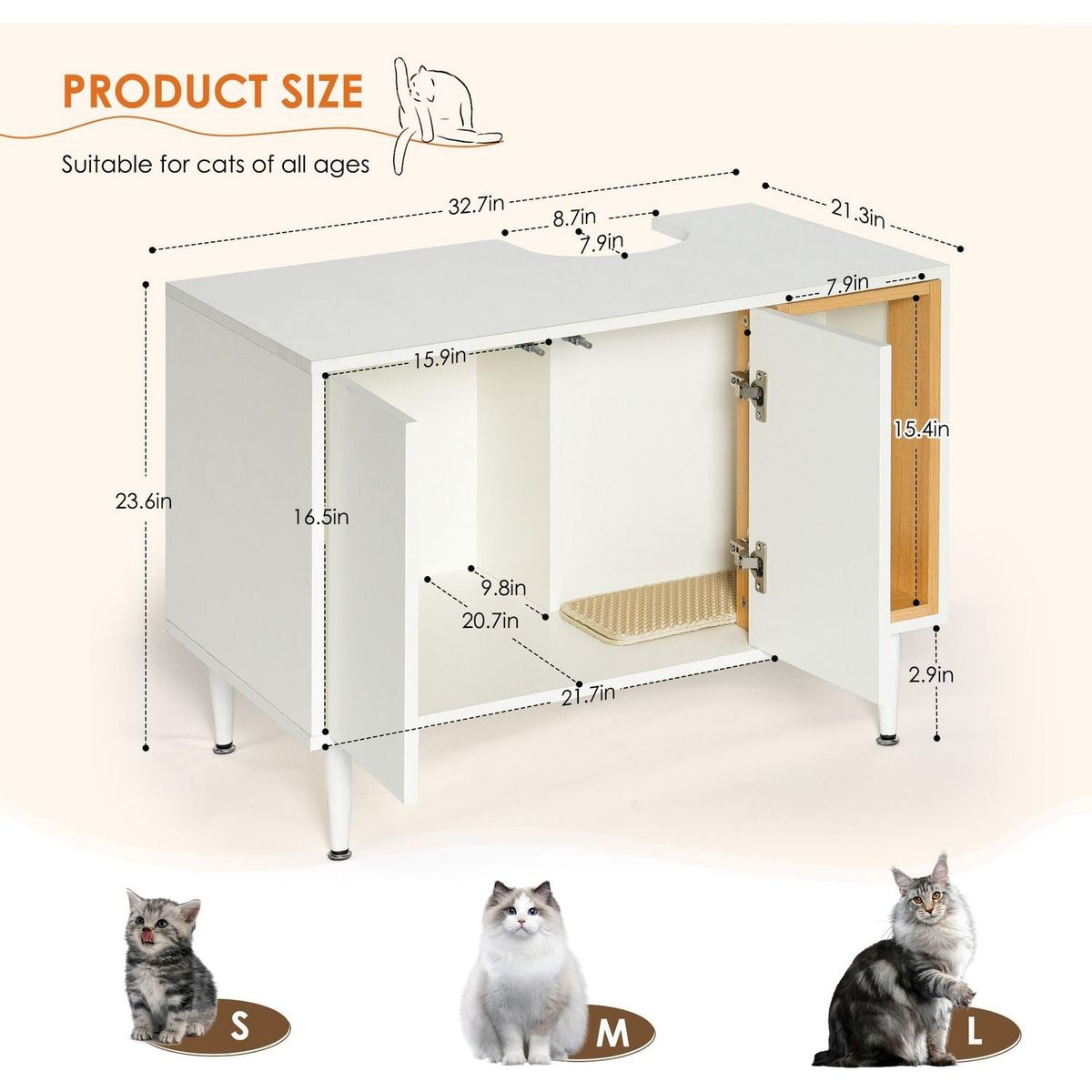 bathroom sink cabinet with Cat Litter Box enclosure, Hidden Litter Pet Washroom with Divider, Indoor Cat House for Large Cats, Wooden Cabinet Furniture, White