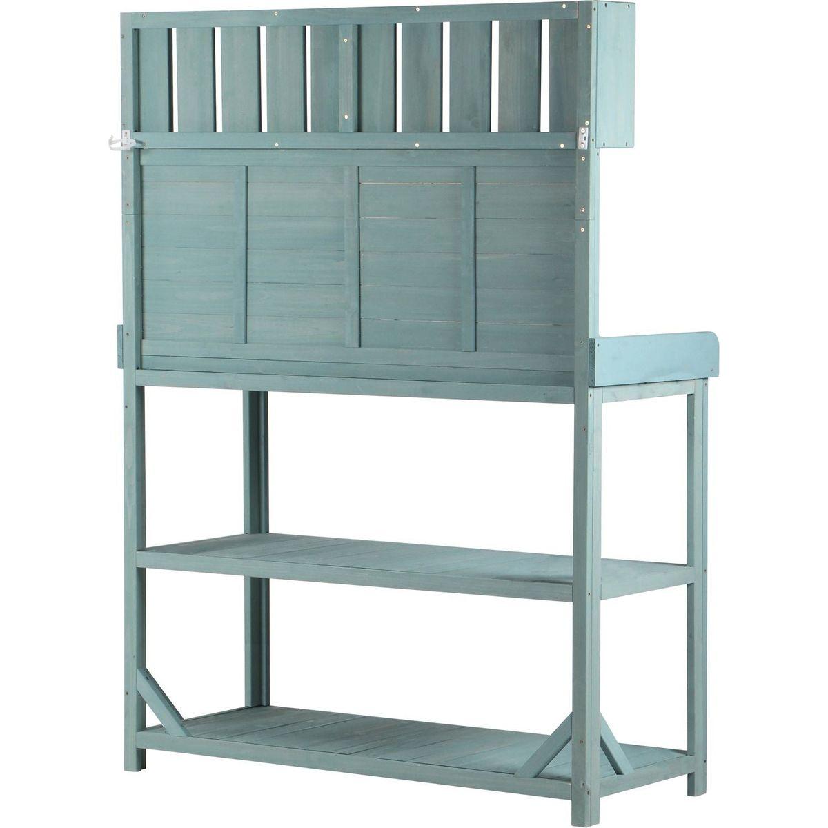 65" Large Wooden Farmhouse Rustic Outdoor Potting Bench Table, Patio Workstation, Garden Potting Bench with 4 Storage Shelves and Side Hook,Green