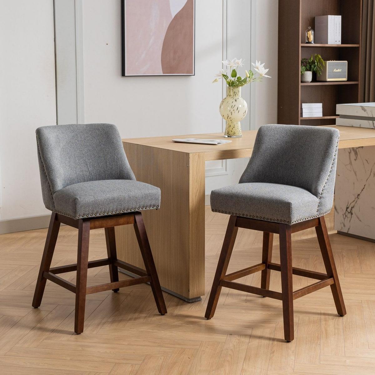 Counter Height Swivel Barstools, 26" H Seat Height Upholstered Bar Stools Set of 2, Fabric in Gray - Streamdale Furniture
