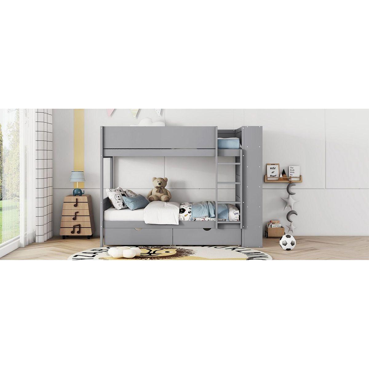 Twin over Twin Bunk Bed With 2 Drawers and Multi-layer Cabinet, Gray