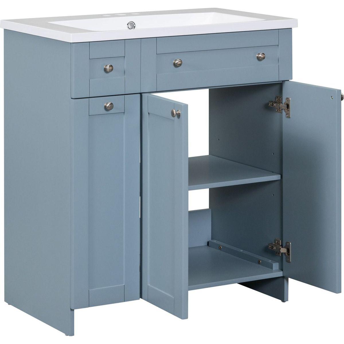 Modern 30-Inch Bathroom Vanity Cabinet with Easy-to-Clean Resin Integrated Sink in Blue