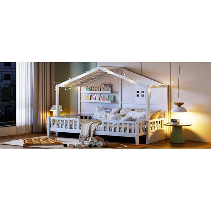 Twin Size House Bed with Shelves, House Bed with Window and Sparkling Light Strip on the Roof, White
