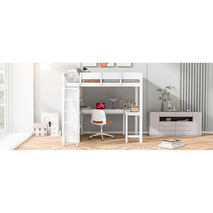 Full Size Loft Bed with Desk and Shelf - White