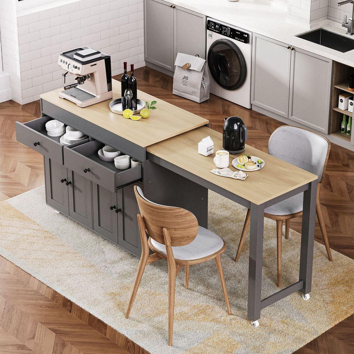 74.5 inch Kitchen Island with Extendable Dining Table , Rolling Kitchen Island on Wheels with Spice Rack and 2 Drawers, Kitchen Storage Cart with 4 Door Cabinet, for Kitchen, Dining Room, Grey - Streamdale Furniture