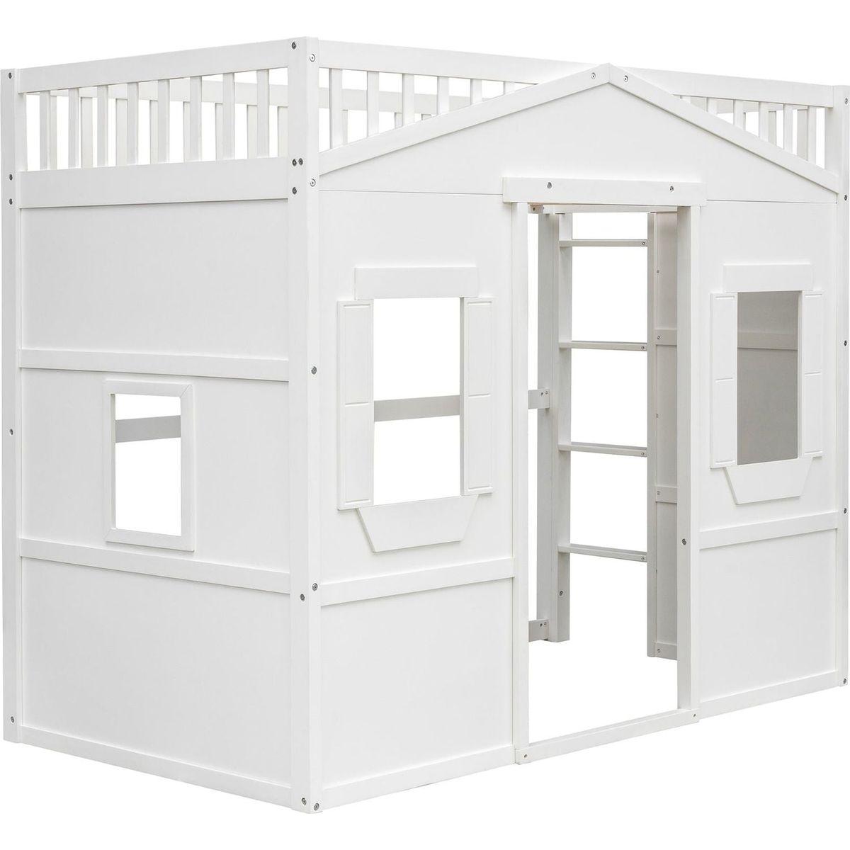 Twin Size House Loft Bed With Ladder-White