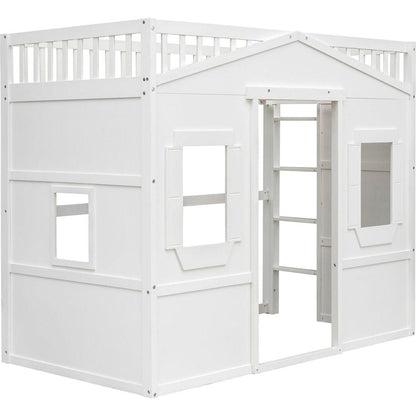 Twin Size House Loft Bed With Ladder-White