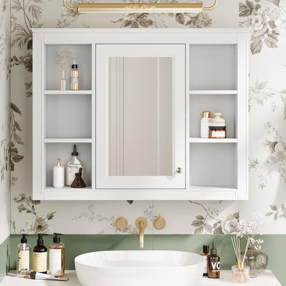 35" x 27.5" Medicine Cabinet, Wall Mounted Bathroom Storage Cabinet, Modern Bathroom Wall Cabinet with Mirror, Mirror Cabinet with 6 Open Shelves (Not Include Bathroom Vanity)