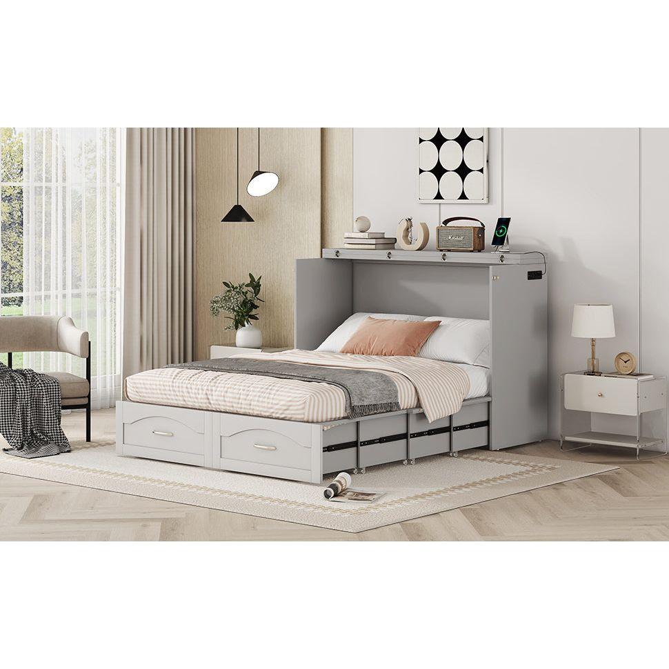 Full Size Murphy Bed Wall Bed with drawer and a set of Sockets & USB Ports, Pulley Structure Design, Gray
