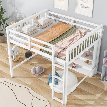 Full Size Loft Bed with 8 Open Storage Shelves and Built-in Ladder, White