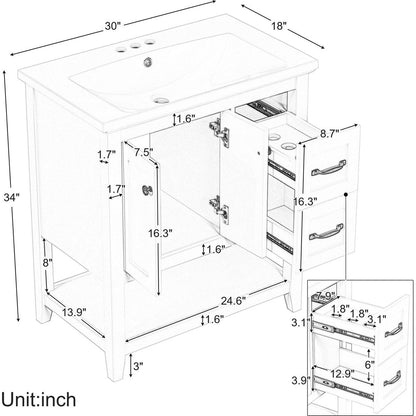 30" Bathroom Vanity with Ceramic Sink Top, Vanity Cabinet with Multi-Functional Drawer, Solid Wood Legs, White