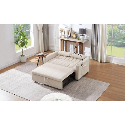 55.9" Convertible Sofa Bed Loveseat Sofa with Three USB Ports, Two Side Pockets, Two Cup Holders and 360Swivel Phone Holder for Living Room, Beige