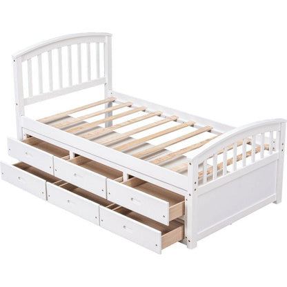 Twin Size Platform Storage Bed Solid Wood Bed with 6 Drawers,White