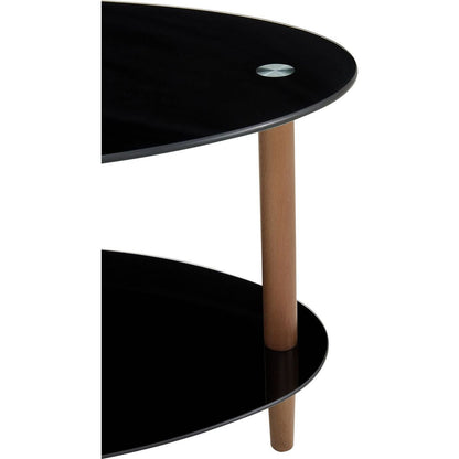 Black Oval glass coffee table, modern table in living room Oak wood leg tea table 3-layer tempered glass table