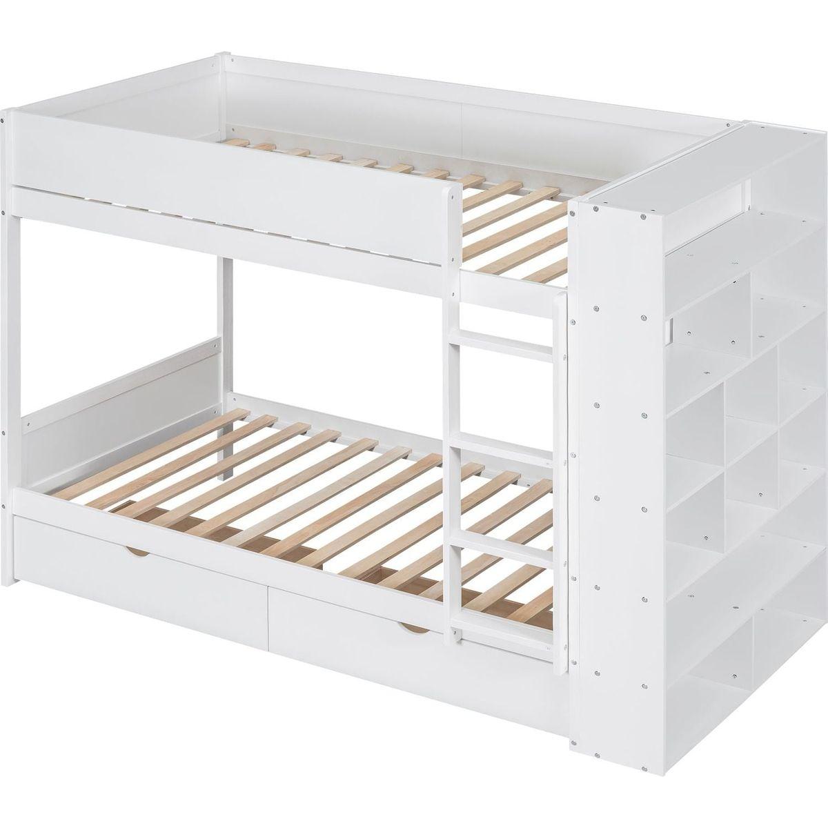 Twin over Twin Bunk Bed With 2 Drawers and Multi-layer Cabinet, White