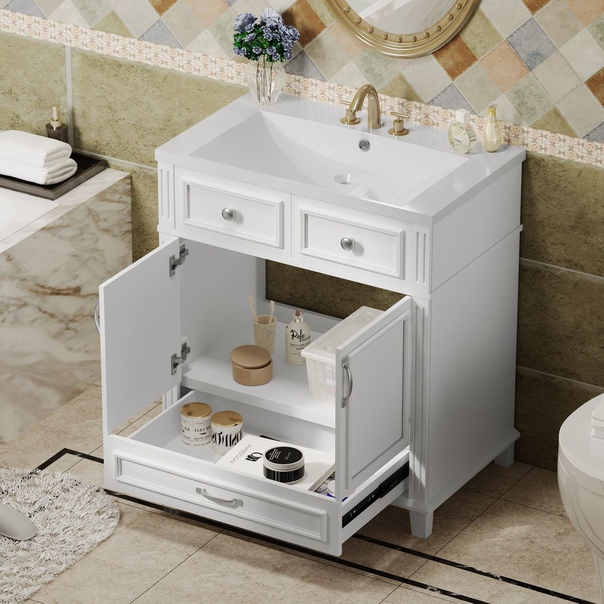 30" Bathroom Vanity with Resin Sink, Solid Wood Frame Bathroom Storage Cabinet with Soft Closing Doors, Retro Style, White